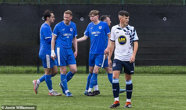 Matty Collins is congratulated for his winner after Benburb (in blue) progressed in West of Scotland Cup at expense of West Park United on Saturday