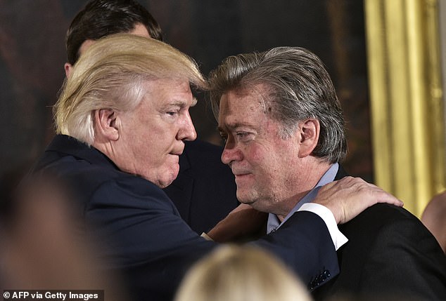 Chief among the '28ers' publicly pushing for a third term has been Steve Bannon (pictured with Trump in 2017), who served as Trump's chief strategist at the start of his first term