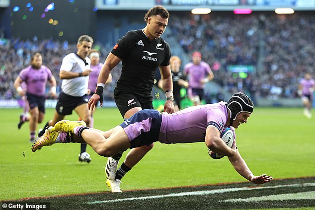 Darcy Graham scores a try against the All Blacks in 2022 as the Scots threatened a huge upset