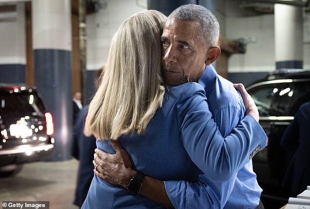 Former U.S. President Barack Obama hugs Virginia Democratic gubernatorial candidate, former Rep. Abigail Spanberger after campaigning for her at a rally in the Chartway Arena on November 01, 2025 in Norfolk, Virginia. Spanberger will face off against Republican candidate Winsome Earle-Sears in the Commonwealth of Virginia's off-year election for governor and other statewide offices on November 4