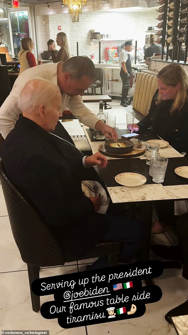 Former President Joe Biden being served the table side tiramisu at Carbonara Italian restaurant by Chef Mike Cordero in a set of Instagram stories and videos posted by the eatery