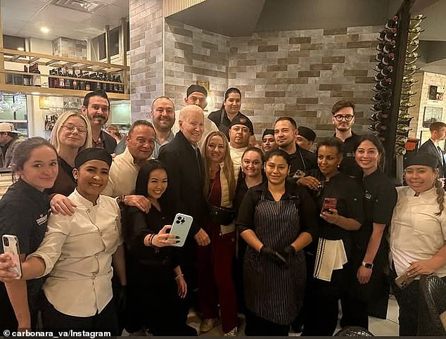Former President Joe Biden is seen posing with staff at Carbonara Italian restaurant in a set of Instagram stories and videos posted by the eatery, located at 3865 Wilson Blvd, Arlington, Virginia 22203
