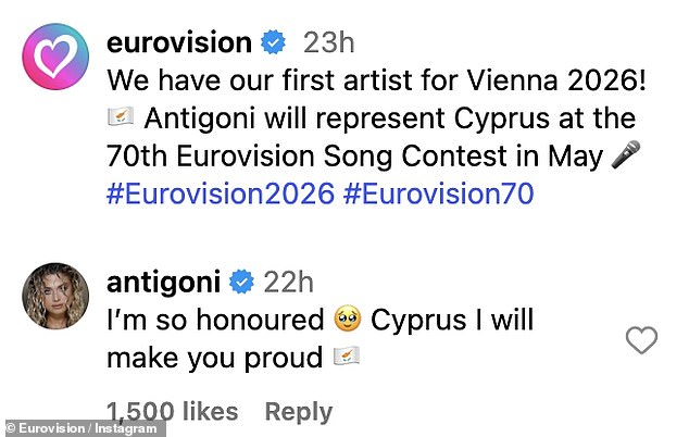 She wrote: 'I¿m so honoured. Cyprus I will make you proud'