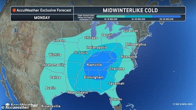 By Monday, the interior Southeast is expected to experience some of the most extreme deviations during this cold outbreak, with temperatures running 15 to 25 degrees below the seasonal average