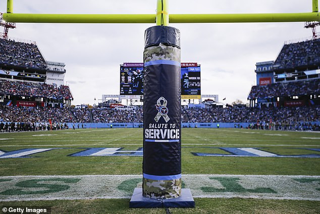 A decoration on the goal post for Veterans Day at Nissan Stadium on November 14, 2021