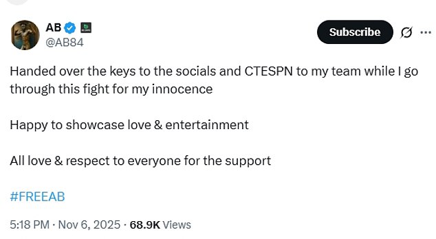 Someone handling Antonio Brown's social media accounts has posted online, writing in the first person and insisting the embattled former football star is innocent