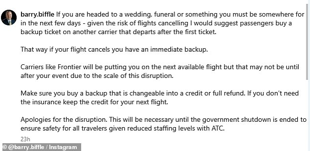 Biffle issued his tone deaf advice on social media Thursday, just hours before the FAA cutbacks were expected to take effect