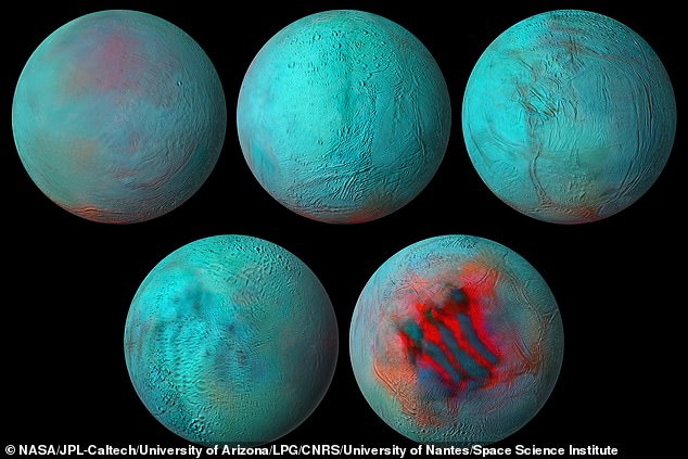 In 2005, the Cassini spacecraft discovered striking tectonic faults at the south pole known as 'tiger stripes' (bottom right), which allow water from the inner ocean to escape. Analysis found that this water contained complex molecules associated with the origins of life