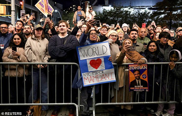 Mamdani supporters crowd around an election night watch party in Brooklyn on Tuesday