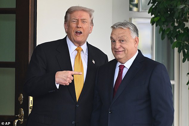 President Donald Trump (left) is captured greeting Hungarian Prime Minister Viktor Orbán (right) outside the West Wing on Friday, which marked Orbán's first visit to the White House during Trump's second term