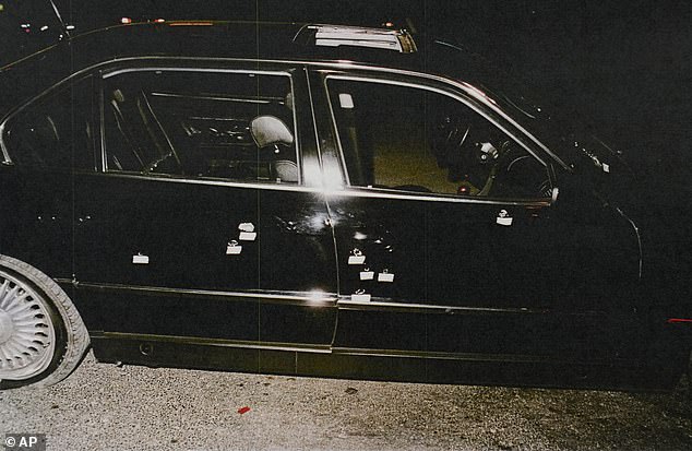 The bullet-riddled car in which Tupac was travelling on the night of his killing is pictured