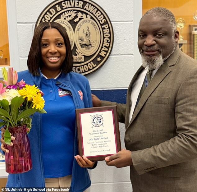 Nelson was voted as St John's High School Teacher of the Year for 2025 and the school shared a photo of her receiving the award in January