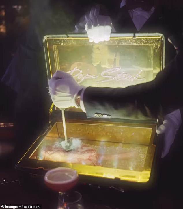 The meat is branded with the Papi Steak logo and whisked away to the kitchen to be cooked after the spectacle