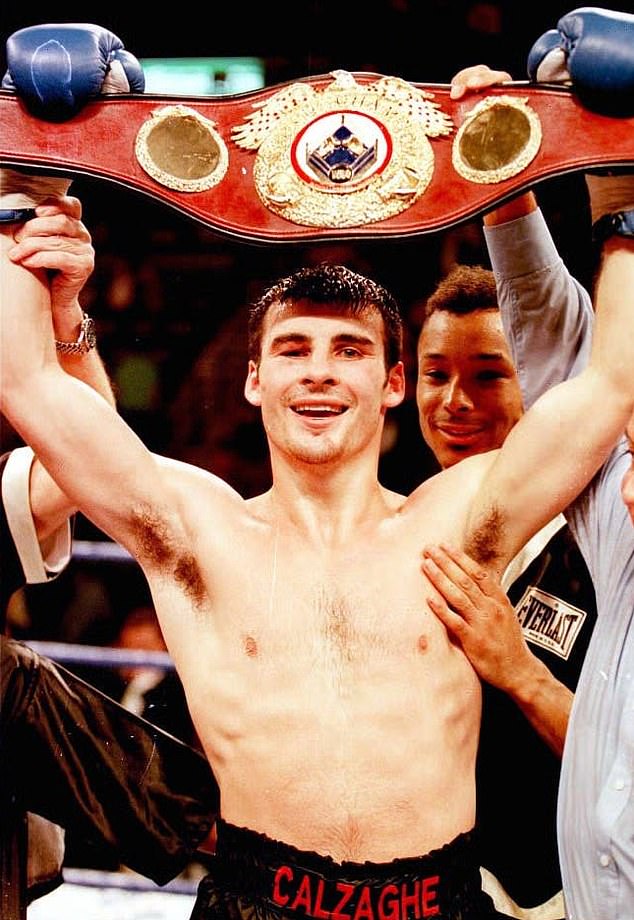 Calzaghe with the WBO super‑middleweight title belt after his unanimous points victory