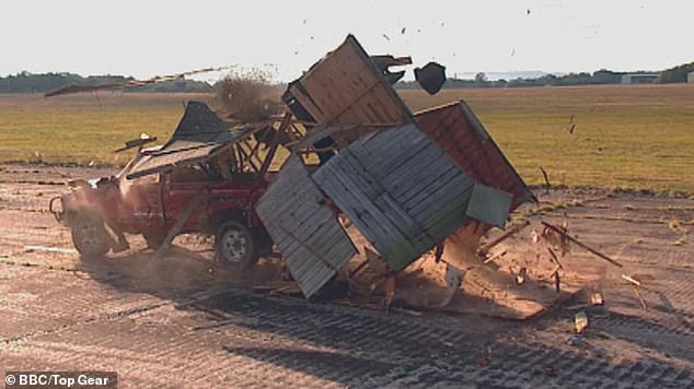 The pick-up truck was crashed through a wooden shed at speed as part of the extreme BBC Top Gear test