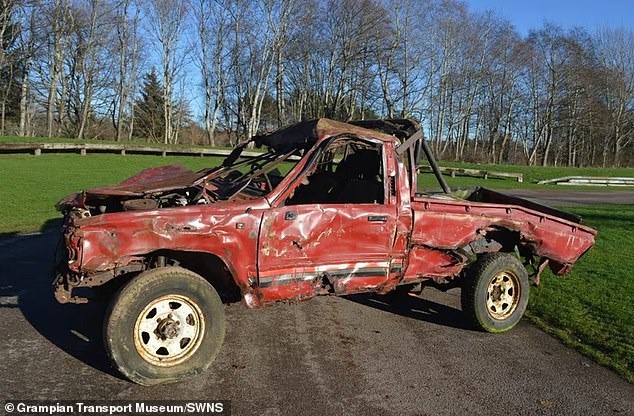 Even after falling from a 23-storey block of flats that was demolished, the Hilux's engine started after a little fettling by a team of mechanics using basic tools