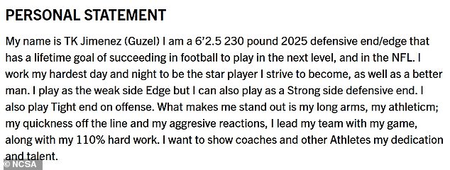 In a personal statement on his college recruitment profile the teen described himself as working his 'hardest day and night' to be a star player and 'better man', a stark contrast to the government's allegations