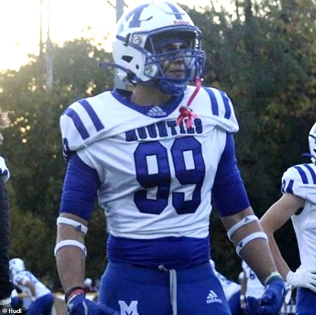 Just months prior to his arrest, Jimenez had been a promising athlete who aspired to play in the NFL. The six-foot-one, 235lb football player is pictured wearing Montclair High School’s No. 99 jersey