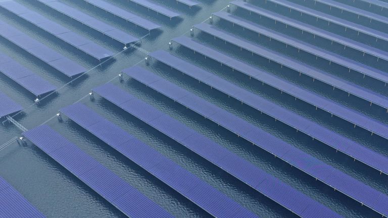 Aerial view of an offshore 400mW solar power farm in the sea near Zhaoyuan city in eastern China. Pic: AP