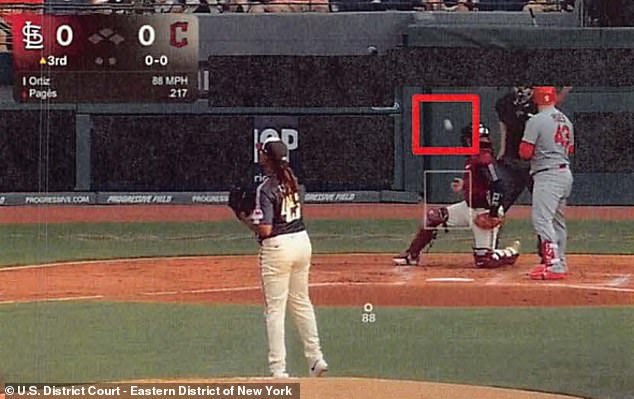 A series of the alleged rigged pitches were included in the indictment. Pictured is an Ortiz ball which he threw into the ground, far from the strike zone, on June 27