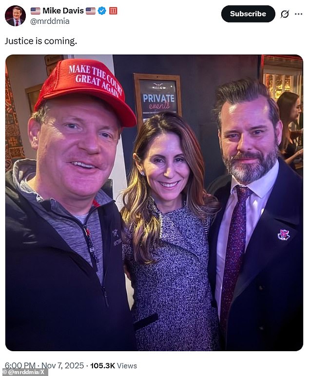 Mike Davis, a former GOP Senate staffer who has been pushing for investigation into the plot to take down Trump, posted a photo with Quinones Friday with the caption: 'Justice is coming'