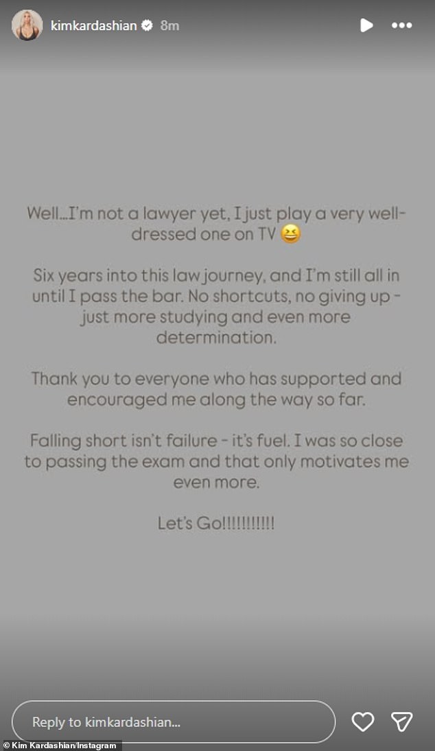 Kardashian admitted via Instastory Saturday: 'Well…I'm not a lawyer yet, I just play a very well-dressed one on TV. Six years into this law journey, and I'm still all in until I pass the bar. No shortcuts, no giving up — just more studying and even more determination'