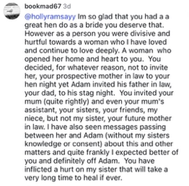 Adam's aunt Louise exposed the heartbreak over her sister being left off the guest list last weekend by hitting out at Holly in a public Instagram post
