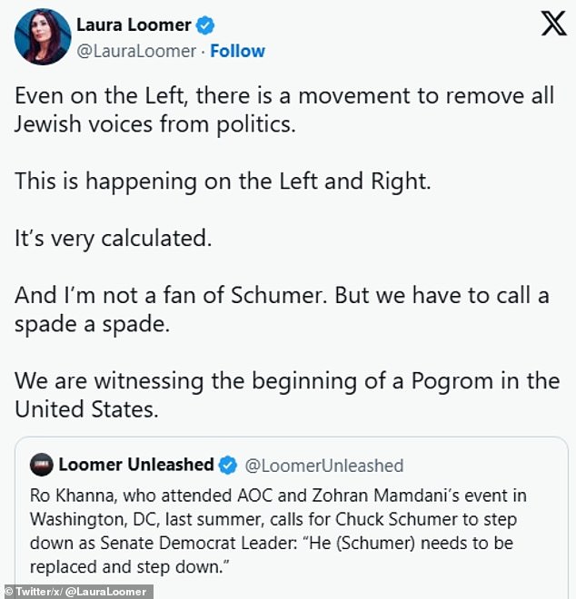 'Even on the Left, there is a movement to remove all Jewish voices from politics. This is happening on the Left and Right. It's very calculated,' she wrote on X