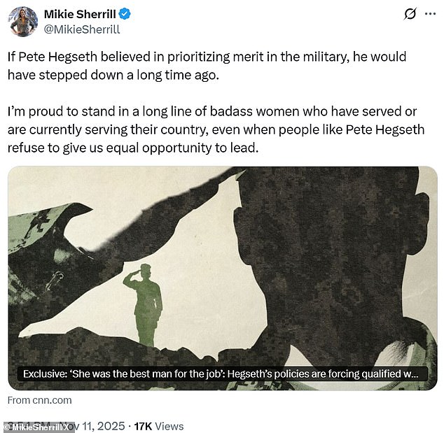 Mikie Sherrill, the governor-elect of New Jersey and herself a Navy pilot, trashed Hegseth in a post to social media