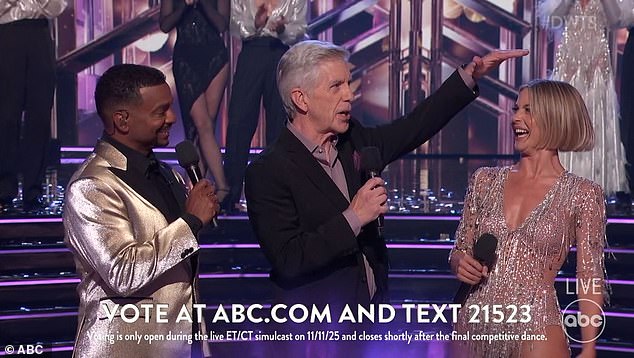 Julianne Hough was notably tearful as Bergeron stepped out to introduce the show along her and Alfonso Riberio. 'Hi sweetheart, I am thrilled to be here. What a rush,' Bergeron said