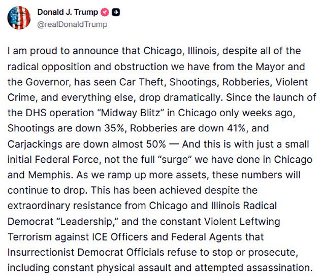 In a Truth Social post on Tuesday night, Trump claimed that crime rates had plummeted since his intervention on September 8, despite 'the radical opposition' from Democrat Governor of Illinois JB Pritzker