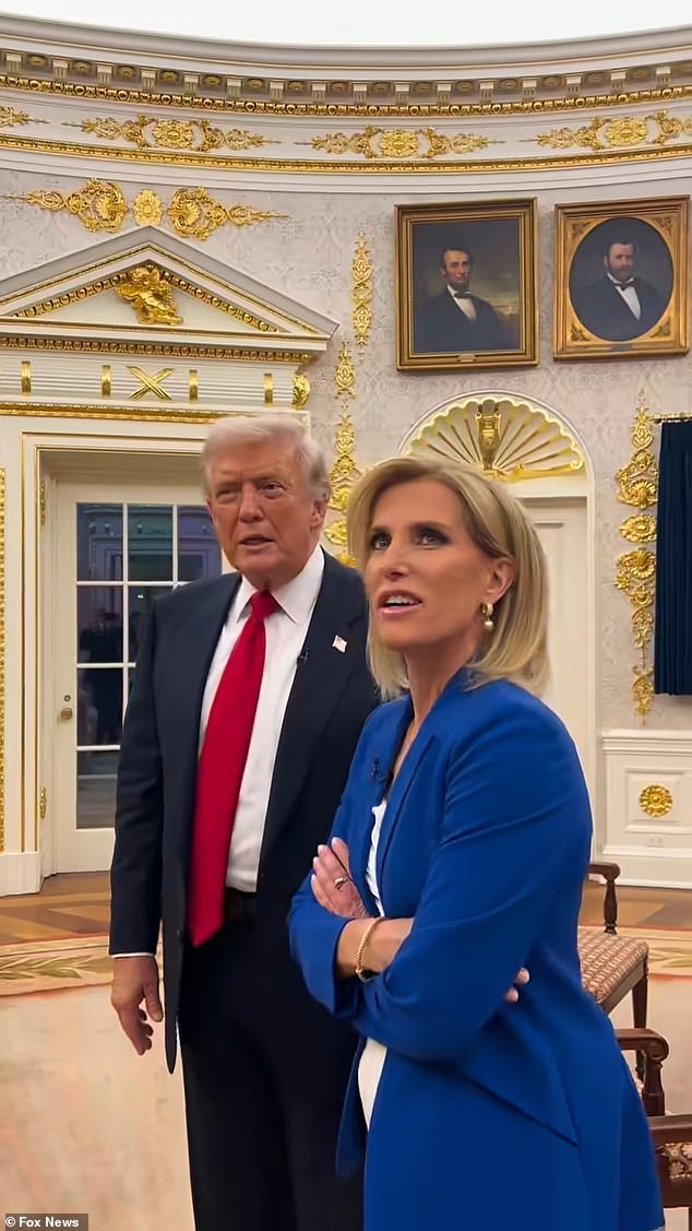 The president and Fox News ' Laura Ingraham took a break from their tense sit-down interview to tour the White House , where he briefly addressed the decor after being mocked online that the decorations were similar to $58 trinkets from Home Depot