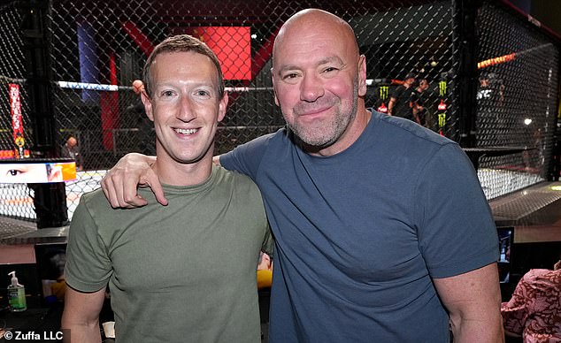 Zuckerberg and White pose for a picture octagon-side at the UFC Apex Arena back in 2022