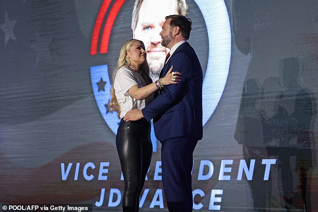 Earlier this month Erika, dressed in skin-tight leather trousers, hugged Vice President JD Vance at a Turning Point event, prompting online speculation that he was going to leave his wife for her