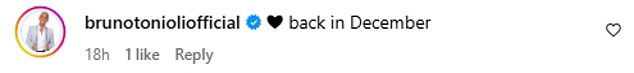 Both men took to comments to react to Arlene's post, with Bruno sharing a heart emoji and reminiscing: 'back in December'