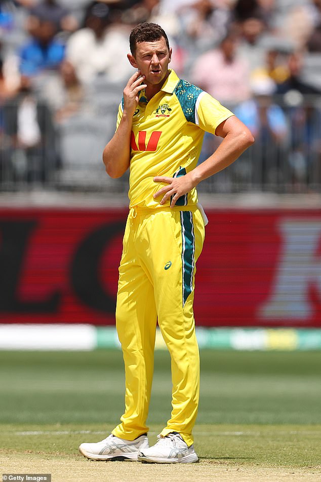 Australia’s Ashes plans were thrown into chaos on Wednesday when two of their first Test bowlers were sent for scans - their mood only marginally improving after Josh Hazlewood (pictured) was given the all-clear