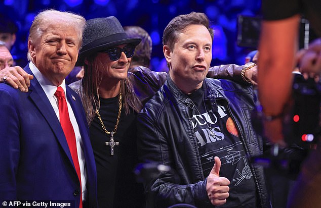 Trump pictured alongside Elon Musk and Kid Rock at UFC 309 in New York last November