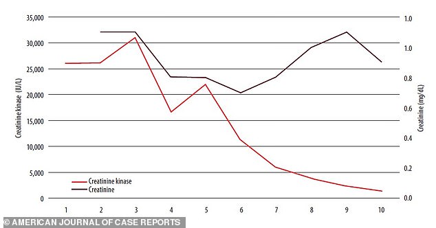 The patient's muscle breakdown peaked with a creatine kinase (CK) level of 31,080 U/L, dramatically higher than the normal range (30-135). Her kidney function was also stressed, shown by a mildly elevated creatinine level (1.3 mg/dL versus a normal 0.5-1.1). Both levels returned to normal within about ten days after stopping the statin medication