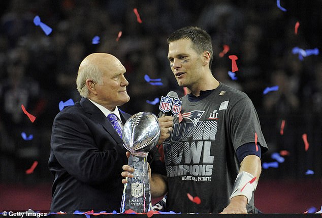 Bradshaw is seen interviewing Brady after the Patriots won Super Bowl LI in 2018