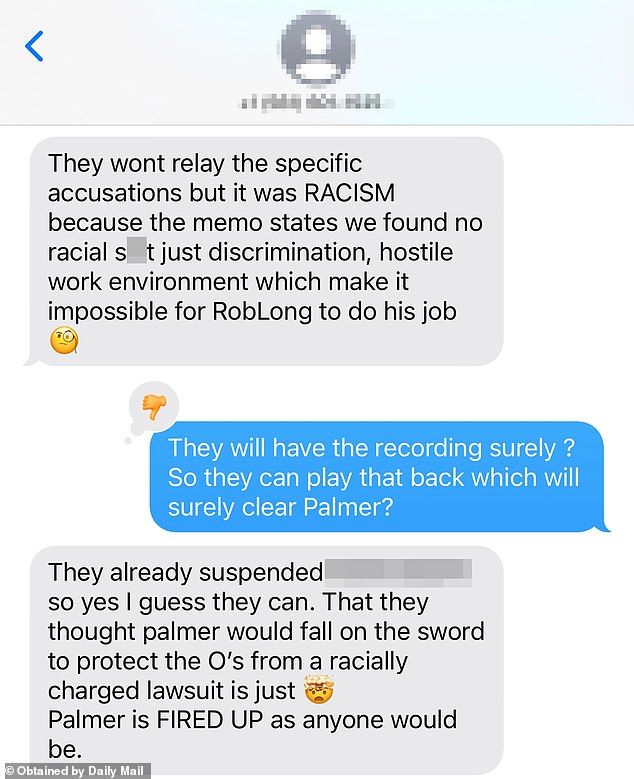 The text allegedly from Susan Palmer, states the network thought 'palmer would fall on the sword' and stated her husband was 'FIRED UP as anyone would be'