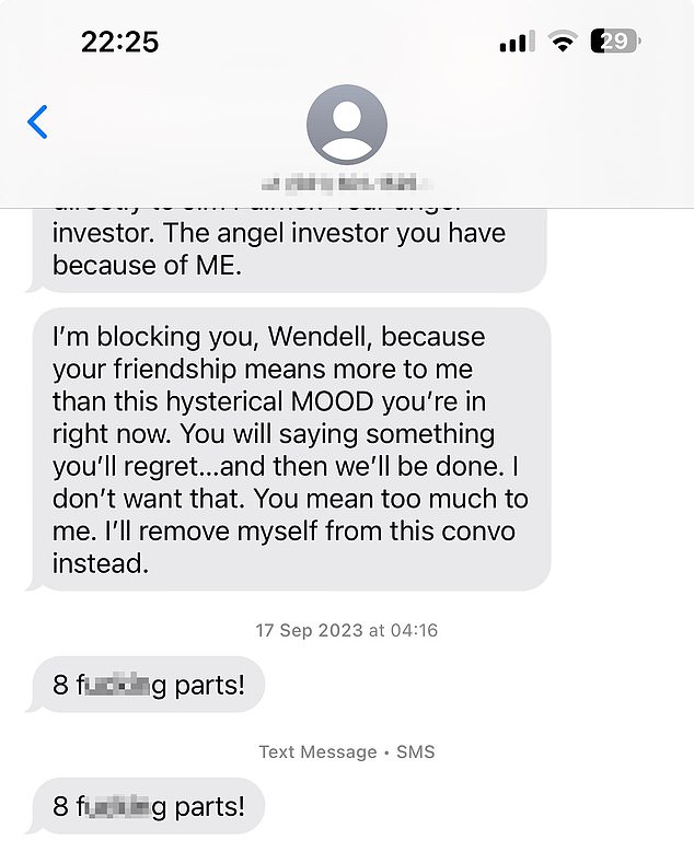 Susan called Holmes "Wendell" in a text, which he claims included a threat to dismember him - cited in his $20million counter filing against Palmer’s $1million lawsuit