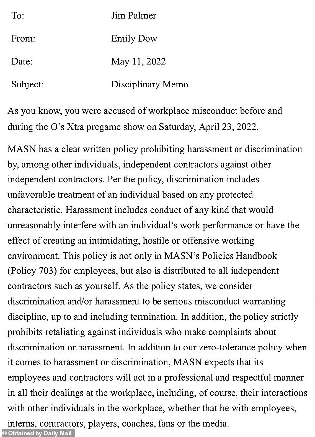 The memo states that the network's investigation revealed Palmer had engaged in the 'inappropriate, unprofessional, offensive conduct' against a colleague