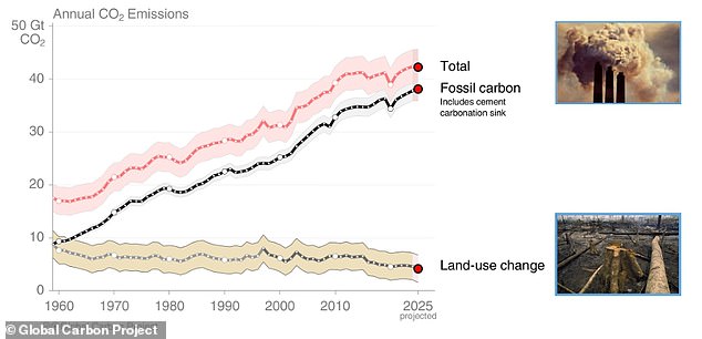 Globally, CO2 emissions from fossil fuels in 2025 are projected to be 38.1 billion tonnes, while CO2 emissions from 'land use change' will be 4.1 billion tonnes - a combined total of 42.2 billion tonnes