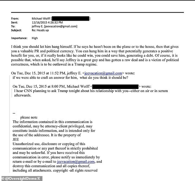 Michael Wolff emailed Epstein with the subject line 'heads up' on December 15, 2015 - the day of a Republican primary debate televised by CNN