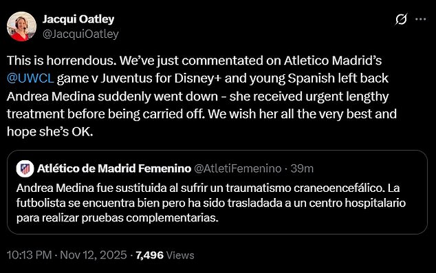English broadcaster Jacqui Oatley, who was commentating on the Champions League match, described the incident as 'horrendous' in a concerned post on social media platform X