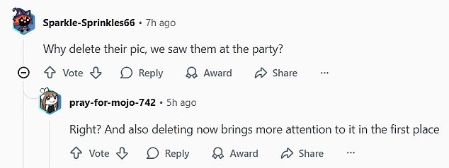Commenters on Reddit were perplexed by the missing photos as one wrote: 'Why delete their pic, we saw them at the party?'