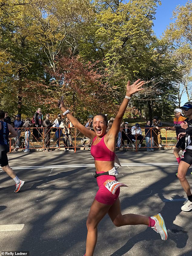Despite the odds and concerns she would never walk again, she overcame them and has now run in three marathons. She is pictured above while competing in the New York City marathon this year