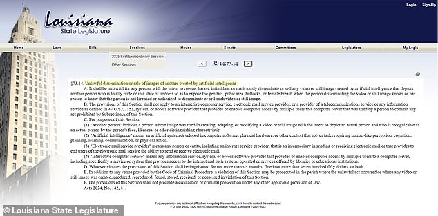 Louisiana law forbids spreading any video or still image created by AI showing someone 'totally nude or in a state of undress' without their license