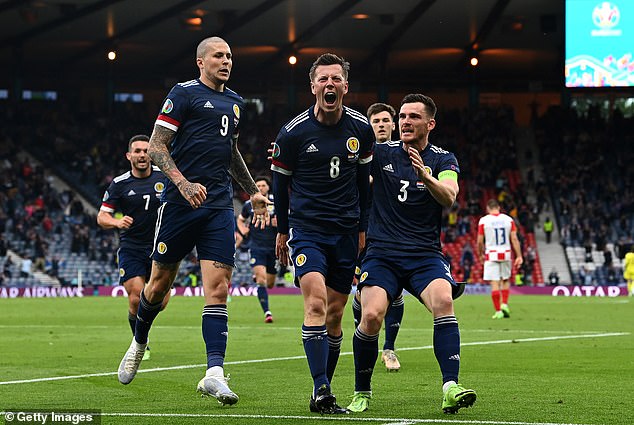 Callum McGregor celebrates scoring for Scotland against Croatia at Hampden at Euro 2020
