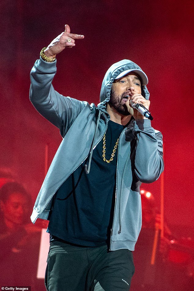 Eminem (pictured), who is also known as Marshall Mathers, has a reported net worth of A$380million, with his most recent album The Death of Slim Shady (Coup de Grace) being released in 2024